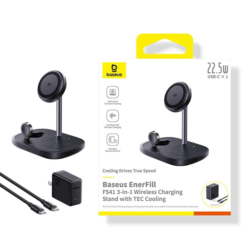 Baseus 22.5W 3-in-1 Wireless Charger Stand Qi2 15W Magnetic Fast Charging TEC Cooling For iPhone 16 15 14 AirPods Apple Watch
