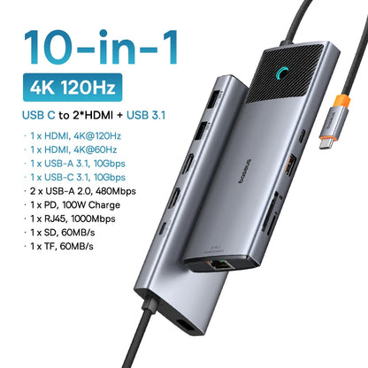 Baseus 10Gbps USB C HUB 4K 60Hz Type C to HDMI RJ45 Ethernet PD 100W for MacBook iPad Sumsang PC Tablet Phone USB 3.2 Gen 2 Hub