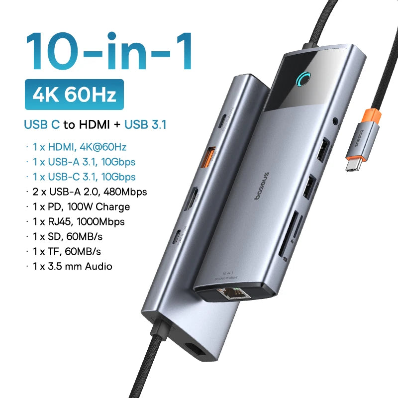 Baseus 10Gbps USB C HUB 4K 60Hz Type C to HDMI RJ45 Ethernet PD 100W for MacBook iPad Sumsang PC Tablet Phone USB 3.2 Gen 2 Hub