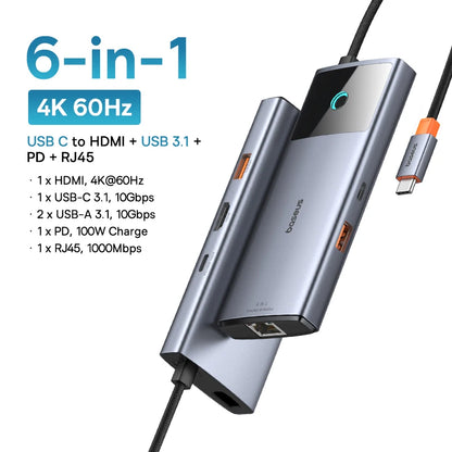 Baseus 10Gbps USB C HUB 4K 60Hz Type C to HDMI RJ45 Ethernet PD 100W for MacBook iPad Sumsang PC Tablet Phone USB 3.2 Gen 2 Hub