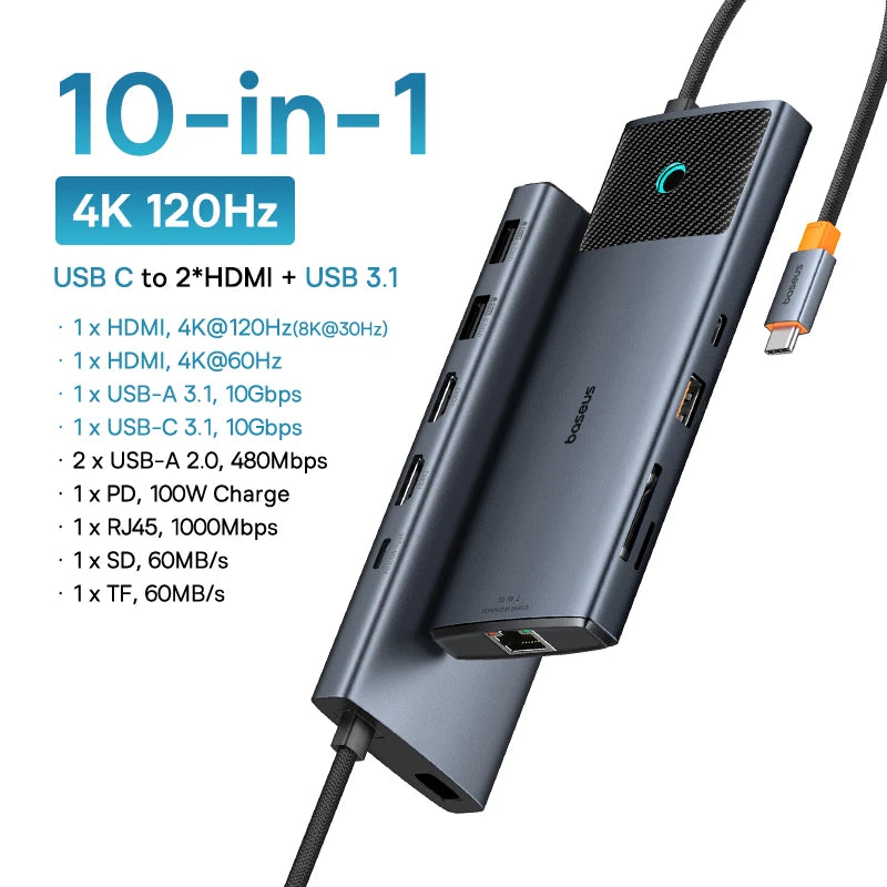 Baseus 10Gbps USB C HUB 4K 60Hz Type C to HDMI RJ45 Ethernet PD 100W for MacBook iPad Sumsang PC Tablet Phone USB 3.2 Gen 2 Hub