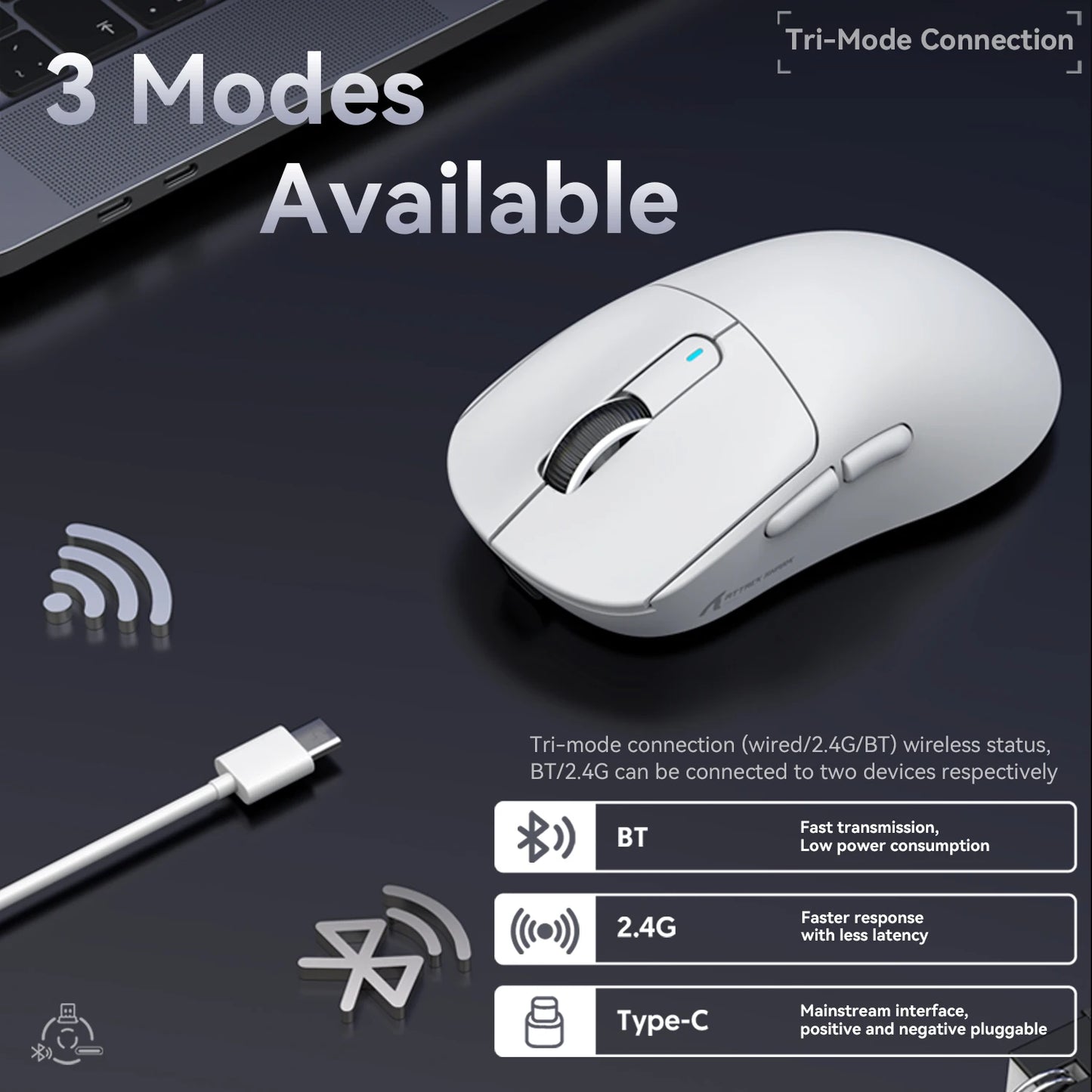 Ratón para juegos Attack Shark X3/X3PRO 4K/8K trimodo, sensor PixArt PAW3395, 26 000 DPI, 49 g ultraligero, Bluetooth/2,4 G inalámbrico/con cable, para PC